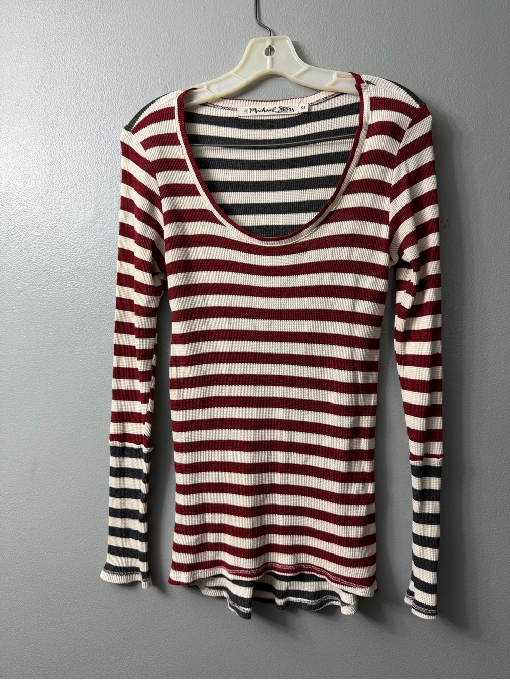michael stars long sleeve contrast  colors henley Striped Long Sleeve Top os